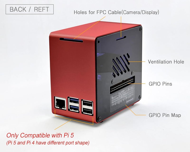 ElectroCookie Raspberry Pi 5 Case, Aluminum Mini Tower Case with Cooling Fan and Color Changing Ambient Light (Red) - Image 4